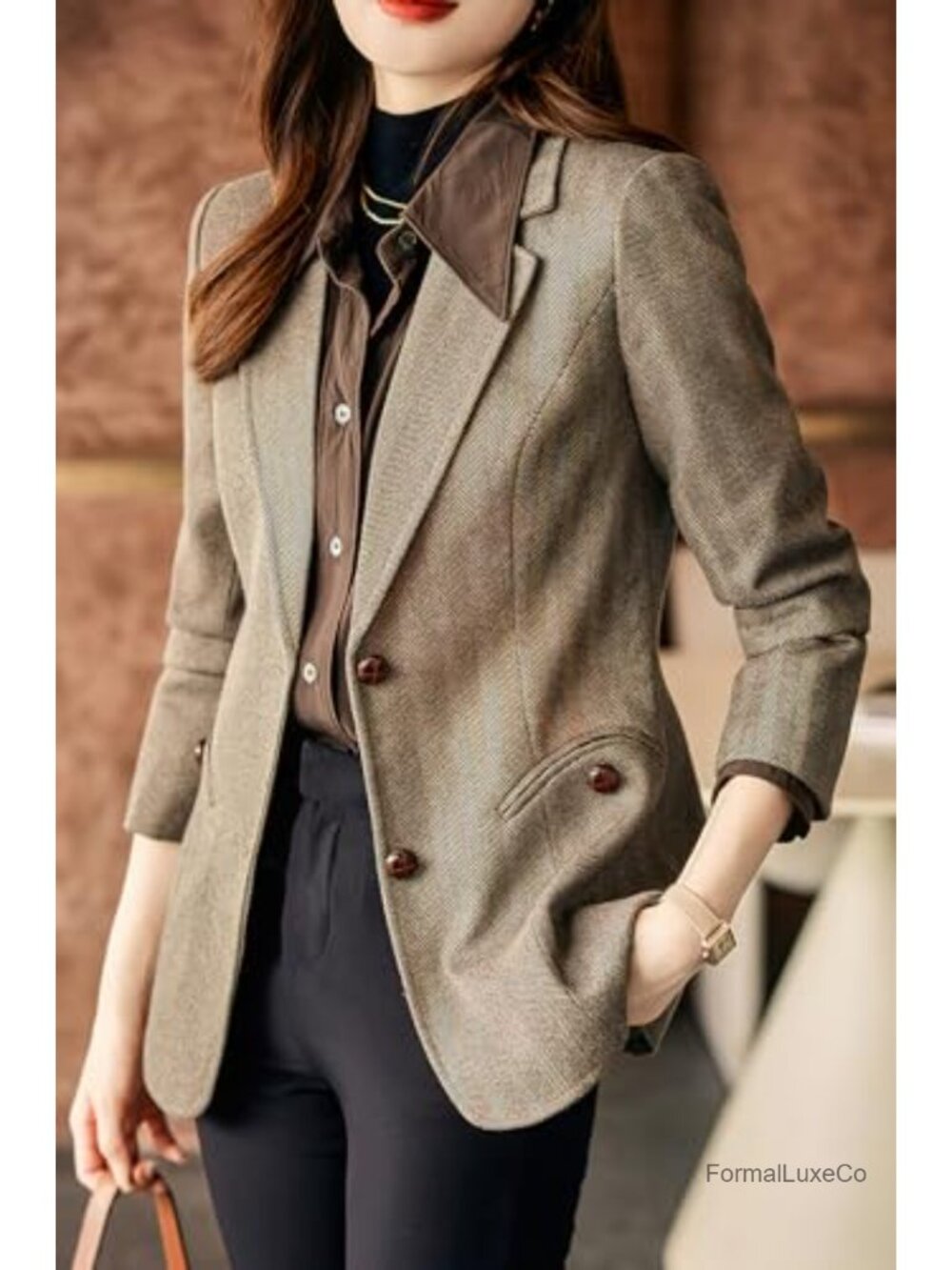 Wool Blend Notched Lapel Plaid Herringbone Blazer Jacket Single Breasted Slim - Picture 2 of 5